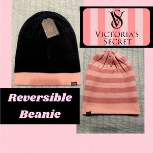 Victoria Secret Reversible Black Beanie hat w/Pink-inside signature pink striped